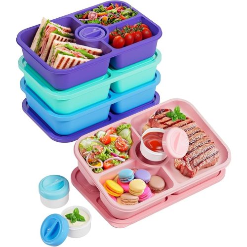 4 Pcs Bento Snack Box Containers, 4 Compartment Divided Stackable Food Storage Containers with Lids, Meal Prep Lunch Container with Sauce Cups