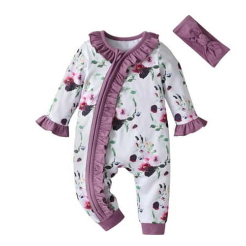 Newborn Infant Baby Girl Clothes Printing Romper Long Sleeve Solid Headband Jumpsuits Sets Purple 0-3 Months
