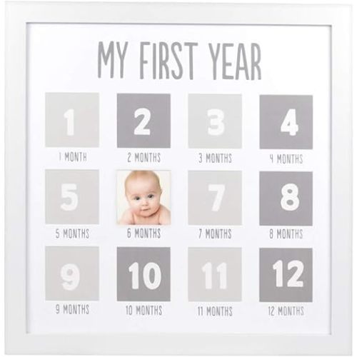 Pearhead My First Year Photo Moments Baby Keepsake Picture Frame, Baby's First Year Photo Frame, Gender-Neutral Baby Milestone Nursery Decor, White and Gray