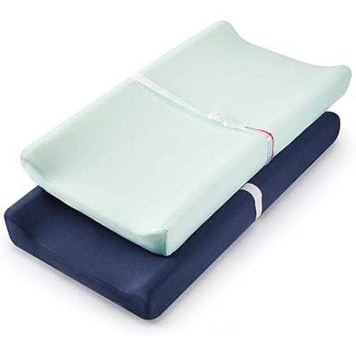 TILLYOU Changing Pad Cover Set in Soft Jersey Material - Fits 32"/34''x16 Contoured Pad for Babies, Navy Blue & Lt Green