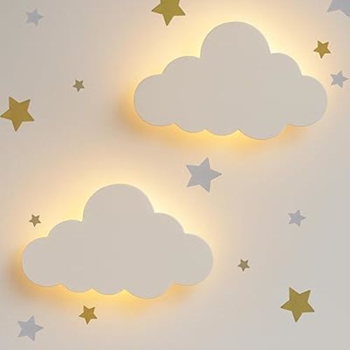 Cloud Wall Lights 2 Pack for Nursery – Dimmable & Rechargeable Night Lights for Baby Room Decor (Star Decals Included)