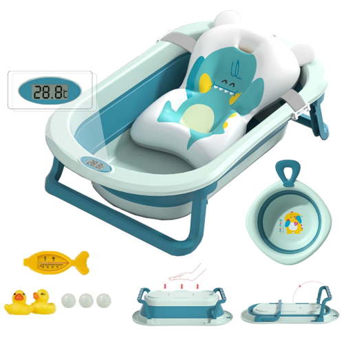 MONEHANE Newborn Baby Bath Tub, Collapsible, Portable, with Cushion, Thermometer & Drain Hole, Weight 1450g, Blue