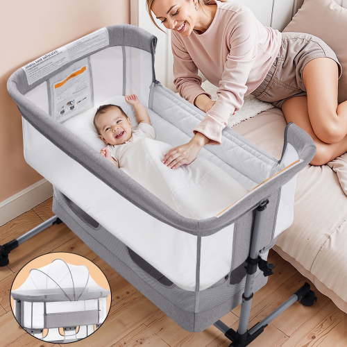 Vomeast Baby Bassinet Bedside Sleeper, 4 in 1 Baby Bassinets for Babies, with Wheels, Adjustable Height, Storage Basket, Mosquito Net for Newborns Infants - Light Gray