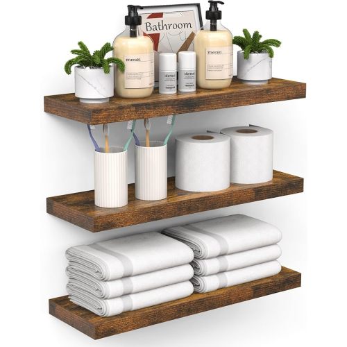 BAYKA Floating Shelves for Wall – Bathroom Shelves Rustic Wood with Metal Brackets for Bathroom, Bedroom, Kitchen, or Living Room Decor – Rustic Brown, Set of 3, Sturdy Storage with 22lb Capacity
