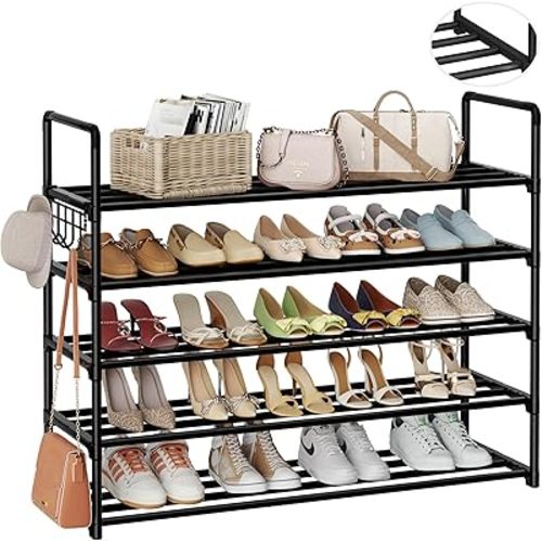 Metal Shoe Organizer,5 Tiers Shoe Storage Shoe Rack with Hooks,Fit 20-25 Pairs,Adjustable Shoe Shelf for Entryway,Hallway,Bedroom,Metal Bottom Support