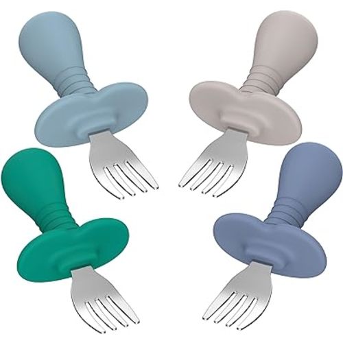 4 Pieces Toddler Forks Baby Forks, Kids Silverware Set with Silicone Handle, 18/8 Stainless Steel Children Safe Forks, BPA Free, Anti-Choke Design, Fork Cutlery Set For Kids