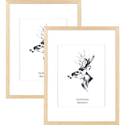 Yaetm 12x16 Picture Frame with Mat for 8.5x11 Set of 2, Natural Solid Oak Wood Frame 12x16 for Photos, Posters & Art Prints, for Horizontal and Vertical Wall Mount (2 pack, Oak)