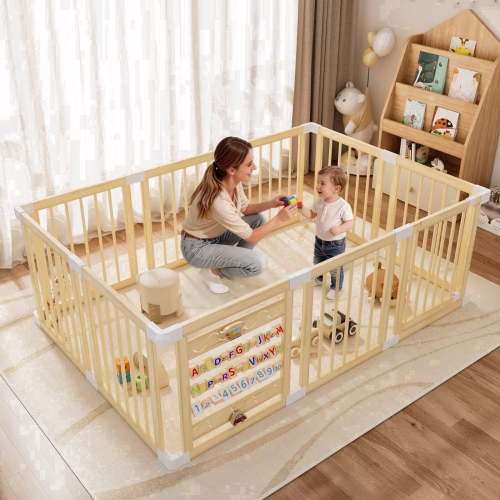 Babyeap Wooden Baby Playpen,Foldable Play Yards for Babies and Toddlers,Large Wood Play Gate with Built-in Toys,Baby Fence Activity Center 71x47x23.6 Inch