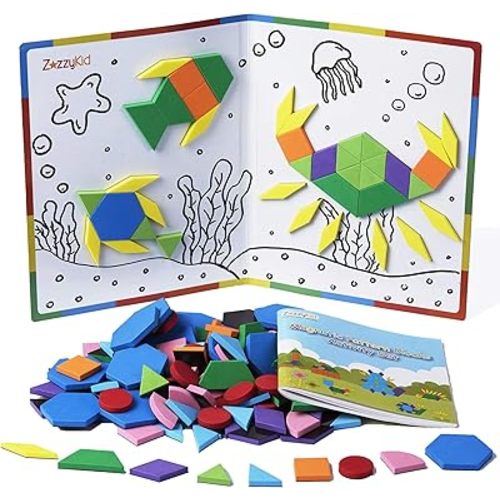 ZazzyKid Kids Magnetic Pattern Blocks Set: 216 PCS Geometric Shape Puzzles Tangram - STEM