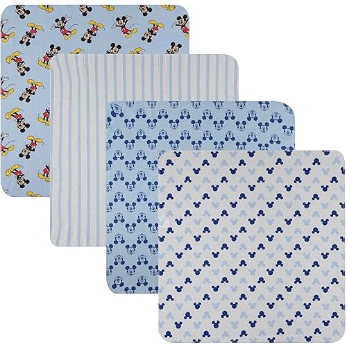 Disney Baby 4-Pack Receiving Blankets — 100% Cotton Flannel, 28" x 28" — Available in Mickey, Minnie, Pooh, Stitch or Angel — Soft Swaddle, Burp & Stroller Blankets — Gift-Ready with Ribbon Bow