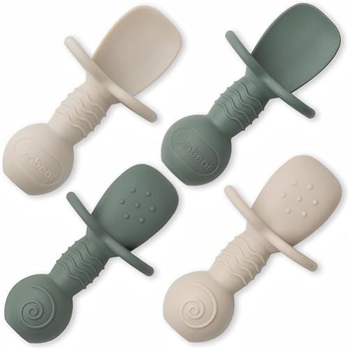 Ginbear Platinum Silicone Baby Spoons Self Feeding 6 Months First Stage, Non Toxic Infants Led Weaning Utensils for Training, BLW Supplies Pack of 4 (Dark Sage/Ivory)