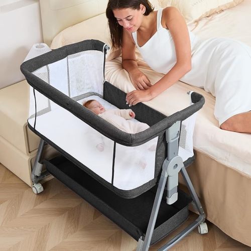 3-in-1 Baby Bassinet Bedside Sleeper with Wheels Bedside Bassinet for Newborn and Infant with Mattress and Storage Basket | Adjustable Height & Angle (13.5-18") | ASTM/CPSIA Certified (Black)