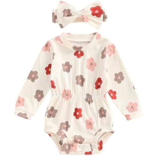 Infant Baby Girl Fall Outfit Clothes Long Sleeve Knit Romper Jumpsuit with Headband Newborn Coming Home Clothing