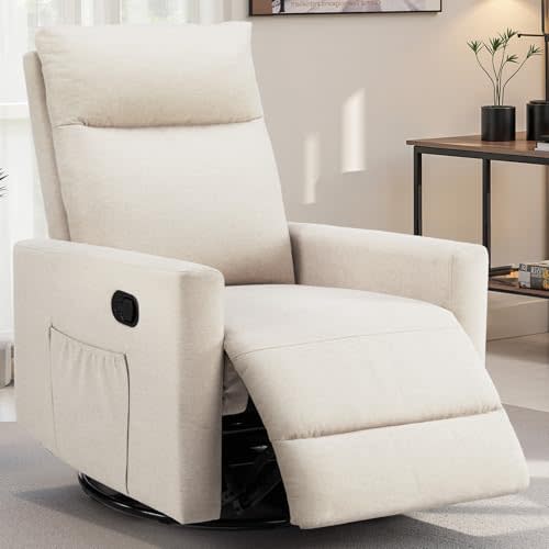 SMUG Swivel Rocking Recliner Chair with Extra Large Footrest High Back, Upholstered Glider Nursery Chair for Living Room, Bedroom & Nursery, Comfortable Deep Seat for Relaxation, Beige
