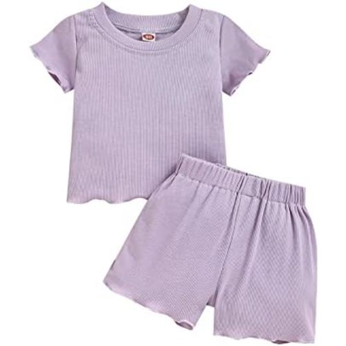 Kupretty Toddler Baby Girl Summer Clothes Ruffle Ribbed Knit Short Sleeves T-Shirt Tops + Shorts Cute Outfits Set
