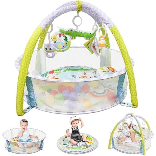 7-in-1 Baby Play Mat Tummy Time Mat Play Mat for Babies 0-6 Months, 5 Tummy TimeToys, 10 Ocean Toys, and 1 Tummy Time Pillow, Baby Activity Mat Easy to Install & Clean, Baby Christmas Gift