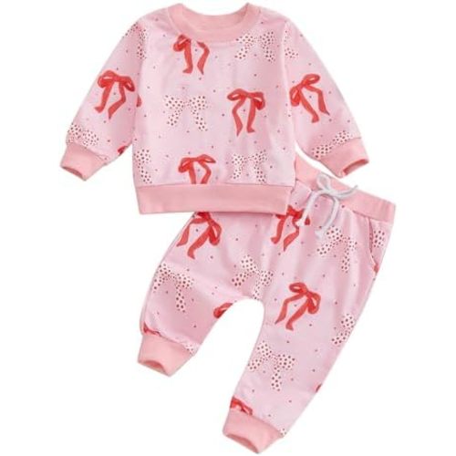 BemeyourBBs Fall Winter Toddler Girl Outfit Baby Girl Long Sleeve Bow Print Sweatshirt Top With Bow Pants Set 2 Piece Clothes