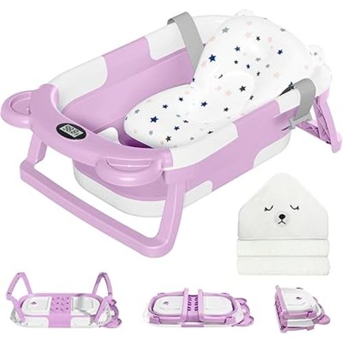 MoreFeel Collapsible Baby Bathtub for Newborn,Bear,Lavender