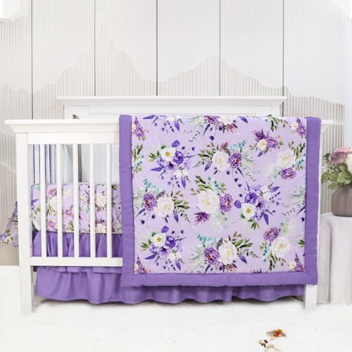 CARUILI Crib Bedding Set for Girls, Purple Baby Crib Bedding Set 4 Piece, Baby Girl Nursery Bedding Set Including Comforter, Fitted Crib Sheet, Crib Skirt, Diaper Stacker, Floral