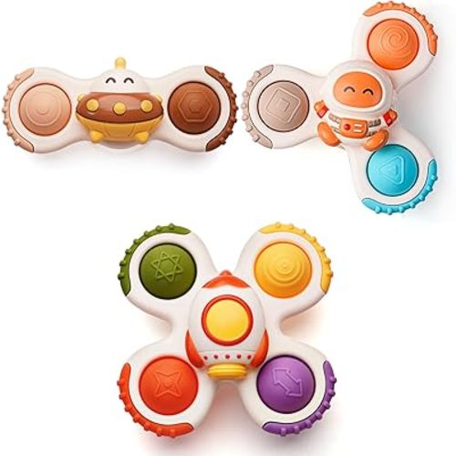 LiKee Strong Suction Cup Fidget Spinnerz Sensory Bath Toys for Baby 12 18 Months Airplane Car Travel Table & Window Toys for 1 2 Years Old Toddler Boys and Girls (Space-2)