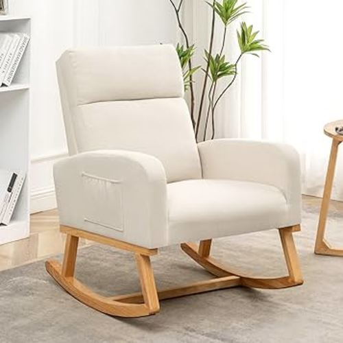 Rocking Chair Nursery, Upholstered Nursing Rocker Chairs with High Backrest, Modern Glider Rocking Chair for Nursery Living Room, Bedroom, Beige