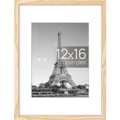 upsimples 12x16 Picture Frame, Display Pictures 8.5x11 with Mat or 12x16 Without Mat, Wall Hanging Photo Frame, Natural, 1 Pack