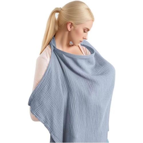 Muslin Nursing Cover for Breastfeeding, Breathable Privacy Nursing Covers with Arch Neckline for Hands-Free View, Soft Cotton Multi-use Adjustable Nursing Apron Cover | Carseat Cover (Light Blue)