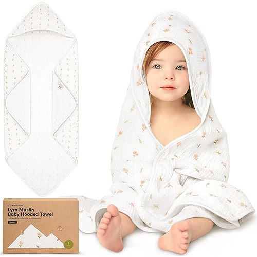 KeaBabies Muslin Baby Bath Towels with Hood for Girls, Boys, Large Organic Cotton Hooded Baby Towels for Newborns, Toddlers, Infant, Kids, Soft Absorbent Newborn Bath Essentials Gift Set (Tulips)