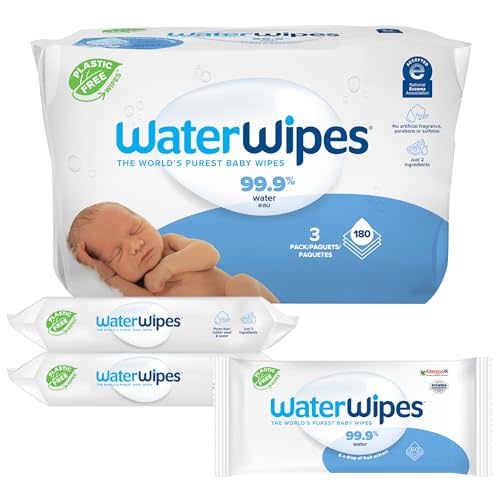 WaterWipes Plastic-Free Original Baby Wipes, 99.9% Water Based Wipes, Unscented & Hypoallergenic for Sensitive Skin, 180 Count (3 packs), Packaging May Vary