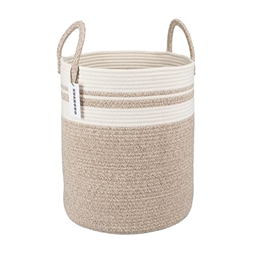 XUANGUO Cotton Rope Laundry Basket Hamper for Clothes Woven Storage Basket for Living Room Bedroom Boho Tall Rope Baskets for Blanket Toys Pillow Towels Baby Nursery Hamper Bin Large brown and white