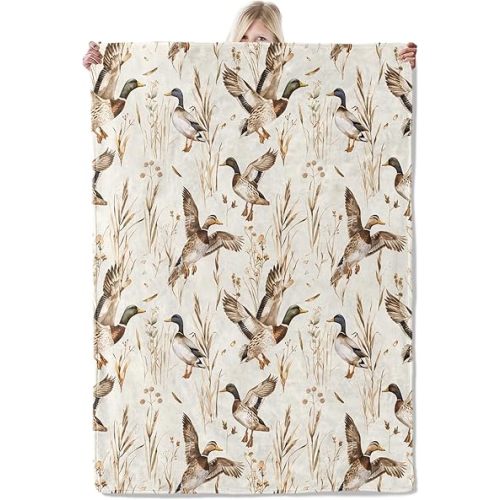 Mallard Duck Flannel Blanket 50x60in,Flying Ducks and Wild Grasses on Beige Background,Soft Lightweight Throw for Men,Nature Lovers,Farmhouse Rustic Autumn Decor Gifts Blankets