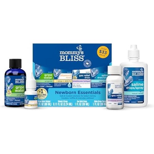Mommy's Bliss Newborn Essentials Gift Set, Includes Gripe Water, Baby Vitamin D/Gas Drops and Gentle Saline Drops/Spray