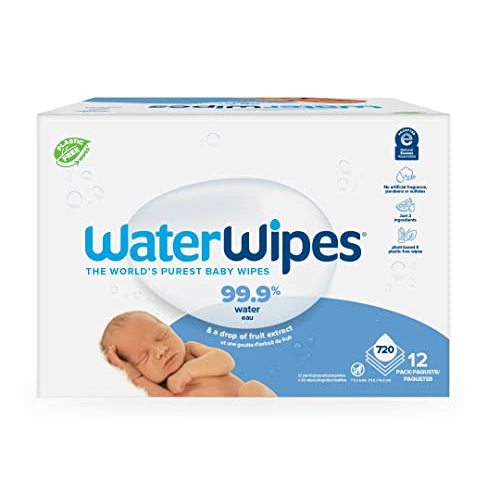 WaterWipes Plastic-Free Original Baby Wipes, 99.9% Water Based Wipes, Unscented & Hypoallergenic for Sensitive Skin, 720 Count (12 packs), Packaging May Vary