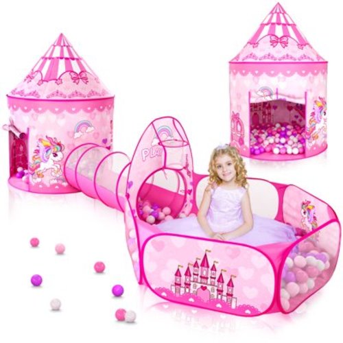 PigPigPen Princess Castle Play Tent for Kids, 3pc Polyester Ball Pit & Crawl Tunnel, Indoor/Outdoor