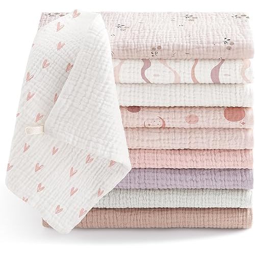 Bearmoss Muslin Baby Washcloths 100% Cotton Bath Wash Cloth Large Burp Cloth Baby Face Towel for Newborn Baby Boy Girl, 10x10inch 10Pack (Dreamland)
