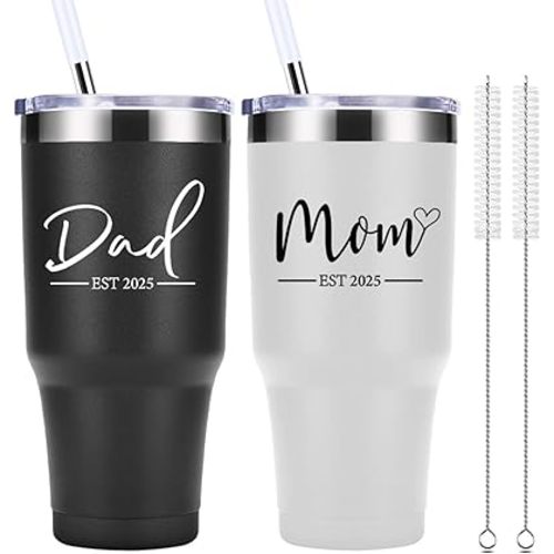 momocici Dad Mom Est 2025 30 OZ Tumbler.Anniversary New Parents Pregnancy Parents to be Gift.Father's Mother's Day Couples Gifts.Mom to Be Dad to Be Gifts.(Black&White)
