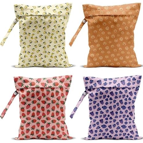 4 Pack Cute Fruit Wet Bag Waterproof Washable Reusable Wet Dry Bag for Swimsuit Clothes Cloth Diaper Travel Beach Pool Yoga Gym Toiletries Travel Beach Essentials Blueberry Strawberry