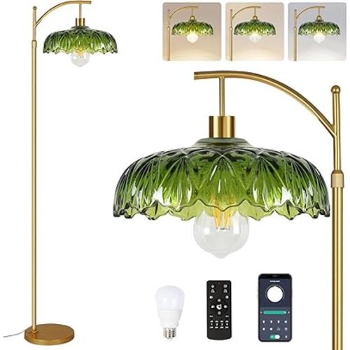 Glass Floor Lamp for Living Room,Bedroom,Gold Standing Lamp with Remote,Dimmable Brass Mid Century Modern Tall Lamp Vintage Retro Green Floor Lamps Boho Flower Floor Light Arc Bohemian