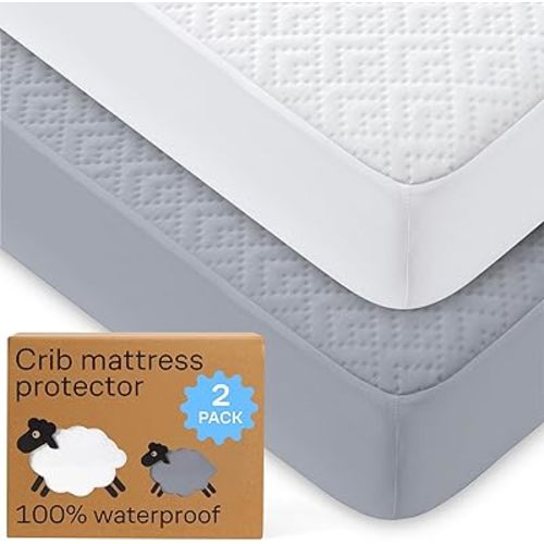 Niagara Crib 2 Pack 100% Waterproof Mattress Protector, Soft Breathable Crib Mattress Protector with Deep Pocket, Mattress Pad for Toddler and Baby (52x28, White, Gray) - Viscose Made from Bamboo