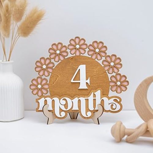 Wooden Baby Monthly Milestone Set, Floral Baby Age Tracker with Numbers and Months Weeks Signs, 3D Layered Wood Photo Prop for Newborn Monthly Pictures, Cute Floral Nursery Keepsake