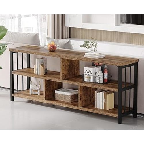 IBF Bookshelf, Farmhouse 63” Long Open Book Shelf, Wood Metal 5 Cube Bookcase for Living Room, Low Horizontal Bookshelf for Bedroom, Wide Cubby Storage Organizer for Home Office, Rustic Brown, 63 Inch