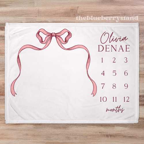 Pink Bow Milestone Blanket Baby Girl Blanket Girl Monthly Blanket Baby Growth Blanket Personalized Baby Age Girl Gift Baby Shower Coquette