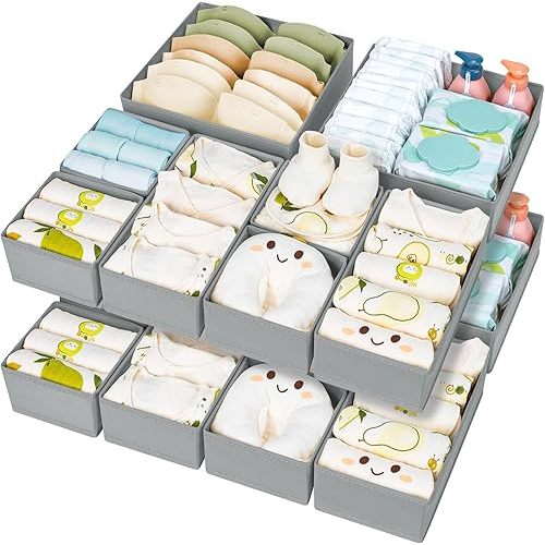 DIMJ Drawer Organizer 15 Pack - Foldable Baby Clothes Storage & Dresser Organizer for Nursery, Bedroom, Closet - Nursery Organization Dresser Dividers for underwear, Sock,Bra, Belt, Tie, Gray