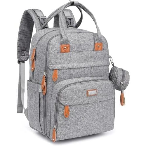 BabbleRoo Diaper Bag Backpack - Baby Essentials Travel Tote - Multi Function Water Resistant Diaper Bag, Travel Essentials Baby Bag with Changing Pad, Stroller Straps & Pacifier Case - Light Gray