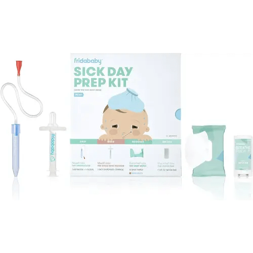 Frida Baby Sick Day Prep Kit - Includes NoseFrida Nasal Aspirator, MediFrida Pacifier Medicine Dispenser, Breathefrida Vapor Chest Rub + Snot Wipes. Soothe Stuffy Noses for Babies with A Cold