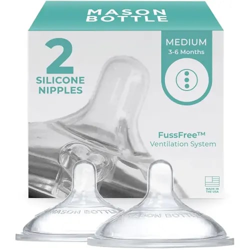 Mason Bottle Medium Flow Nipples (3–6 Months) – Silicone Baby Bottle Nipples, Fits Any Regular-Mouth Mason Jars – Wide Natural Shape, BPA-Free, Non-Toxic, Made in USA (2-Pack)