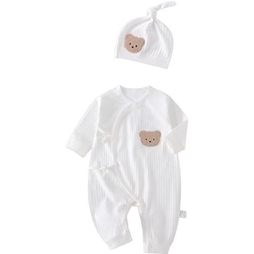 Baby Ribbed Romper and Hat Set with Bear Applique, 100% Cotton Infant Bodysuit, White, Long Sleeve