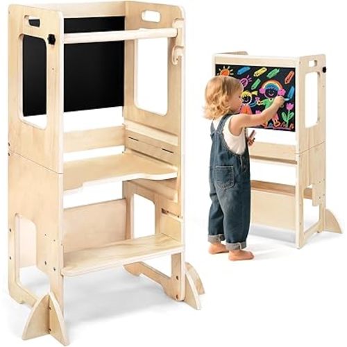 Adjustable Height Toddler Kitchen Step Stool, Learning Standing Tower with Blackboard, Kids Wooden Kitchen Stool Helper, 1-3 Years Old Boys Girls Gift