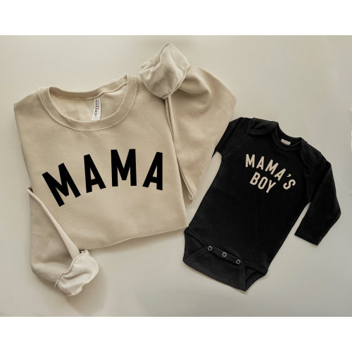 Mama and Mama&#39;s Boy Matching Beige Mom and Toddler Sweatshirts and Baby Bodysuits, Mommy and Me Sweatshirts Pullovers