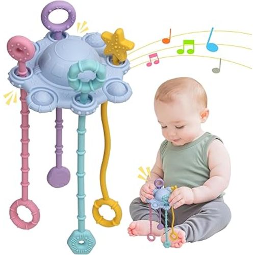Montesorri-Toys - Pull String Toys for Baby - Made of 100% Food Grade Silicone with Built-in Rattle Function and Easy to Clean Design (Blue)